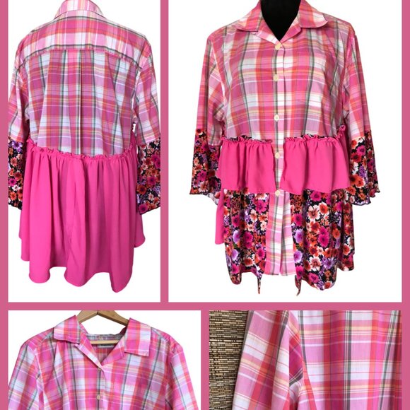 Handmade Upcycled Boho Tunic, Size Large: Pink Ruffled Patchwork Top - Picture 13 of 13